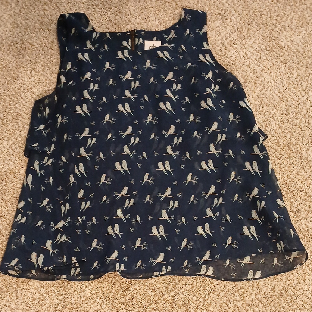 CAbi Dark Blue Bird Pattern Top